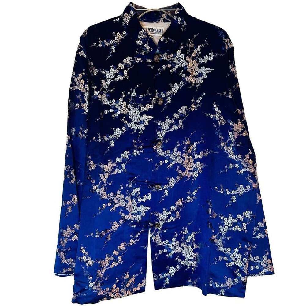 Blue Floral Mandarin Jacket Women M • Brocade Vintage Asian Inspired